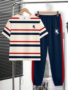 Tween Boy Casual Comfortable Fashion Minimalist Crew Neck Short Sleeve T-Shirt And Long Pants Set, Classic Retro Striped Pattern Print, Exquisite Knight Pony Logo Print, Suitable For Back To School Season - Multicolor - View 5