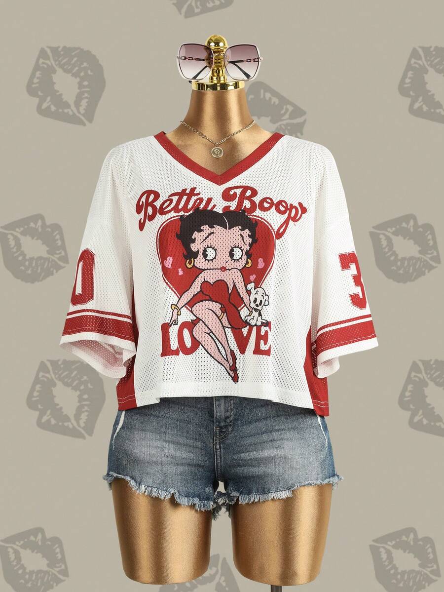 Betty Boop x SHEIN Plus Size Cartoon Print T-Shirt - White - View 1
