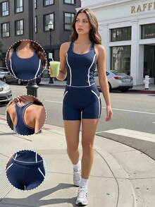 BamGleam Women's 2-Piece Sporty Casual Set, Blue & White Colorblock Slim Fit Split Line Racerback Tank Top And Tight Butt-Lifting Curved Back Shorts - Navy Blue - View 9