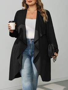 SHEIN CURVE+ Cardigan Kerah Air Terjun Hitam Ukuran Besar - Hitam - View 3