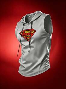 SUPERMAN X SHEIN Men's Letter Print Hooded Sports Tank Top - Light Grey - View 4