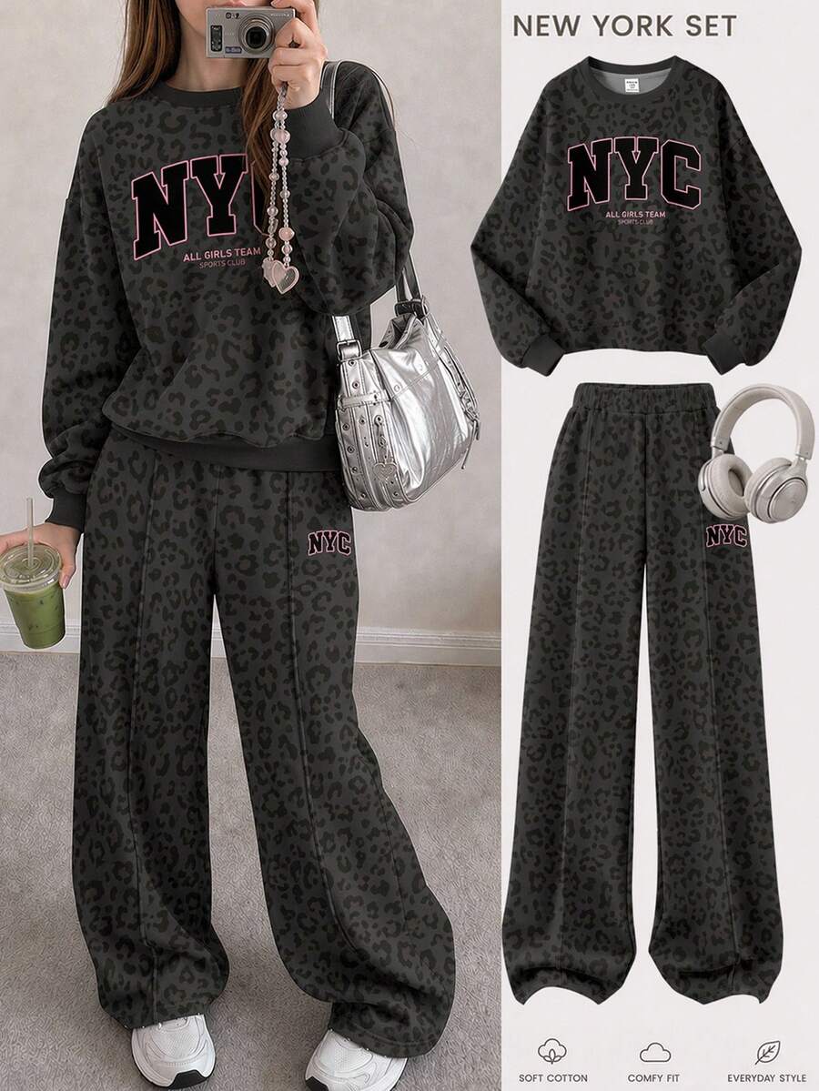 黑色時尚運動風拼色字母 NYC 印花,青少年女孩休閒柔軟舒適寬鬆圓領套頭衛衣與寬腿褲套裝,適合秋冬日常、街頭、新風格、時尚女孩、校園時尚返校 - 彩色 - 查看 1