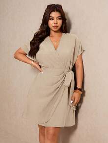 Elaquor Vestido casual de verano de talla grande con lazo y unicolor - Caqui - Ver 6