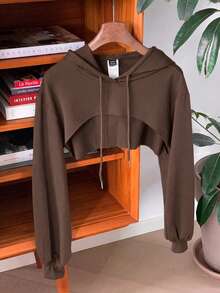 SHEIN EZwear 抽繩細節超短版休閒衛衣－黑白配色，長袖上衣，秋冬巧克力棕色衛衣 - 巧克力棕 - 查看 3