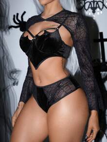 AltCore Women's Sexy Lingerie Set (Underwire Bra, Triangle Panty, Top) 3pcs - Black - View 3