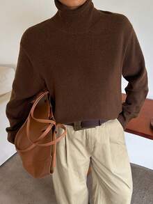 Dazy Plus Solid Color Business Casual Versatile Turtleneck Pullover Sweater, Autumn/Winter New Brown - Brown - View 2