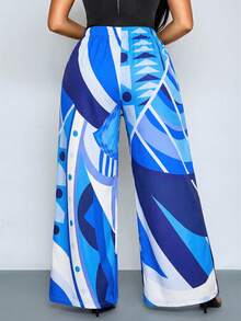 SOLERSUN Celana Panjang Wanita Ukuran Besar Kasual Motif Geometris Bunga Model A-Line Lebar untuk Musim Semi dan Musim Panas, Cocok untuk Liburan, Perjalanan, dan Pakaian Sehari-hari. - Biru - View 6