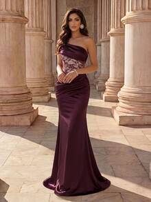 Coutiva Vestido de noche formal elegante de mujer con parches de encaje y fruncido en la cintura - Burdeos - Ver 3