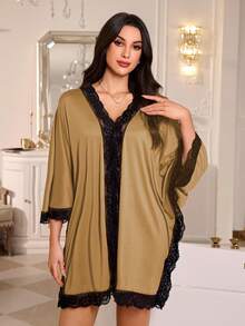 SHEIN 女款對比蕾絲深V領寬鬆性感睡裙 - 棕色 - 查看 5