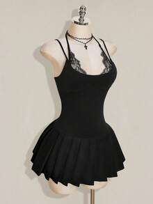 SHEIN ICON Y2K 女款黑色蕾絲拼接性感迷你洋裝，適合約會與外出穿搭 - 黑色 - 查看 7