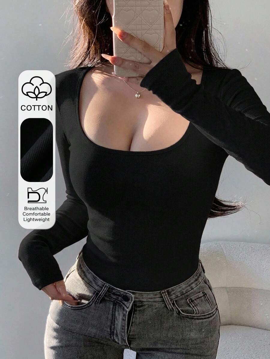 DAZY 女款休閒百搭純色長袖T恤 - 黑色 - 查看 1