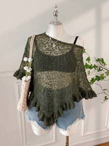 SHEIN EZwear 大尺碼女款純色不對稱肩針織上衣，適合日常穿著 - 軍綠色 - 查看 4