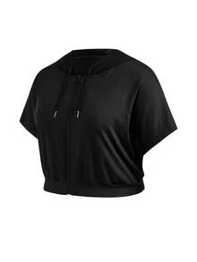 SHEIN Cheerettes Women's Plus Size Solid Color Drawstring Hooded Casual Daily Outdoor Sports Jacket Black Soft Stretch Breathable Moisture Wicking Short Sleeve Zip Fro - Black - View 6