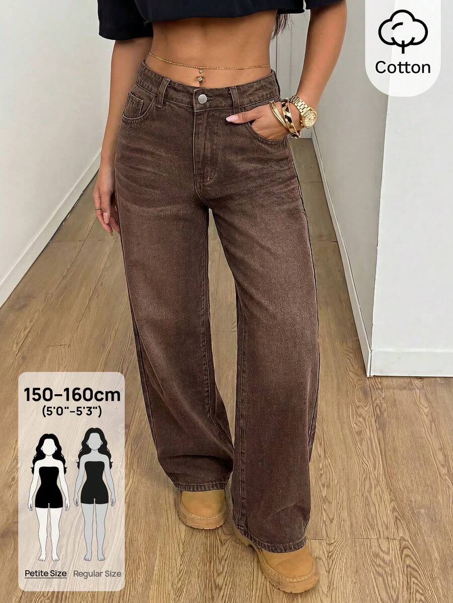 SHEIN PETITE 女款休閒百搭日常旅行牛仔褲，附口袋與鈕扣設計