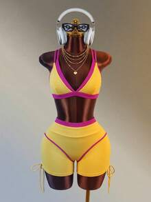 Amplova Women's Color Block Casual Daily Outing Gym Sports Yellow And Pink Color-Blocking Sexy Sport Bar And Side Drawstring Athletic Shorts Workout Backless - Pink - View 2