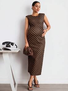 MaterniWear Maternity Brown Print Round Neck Slim Fit Elegant 1920 Vintage Casual Dress Photoshoot Formal Summer - Brown - View 2