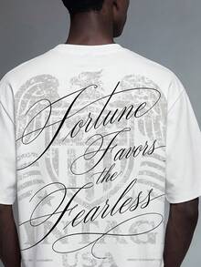 Salvezio American Vintage Dark Pattern Badge Cursive Font Typography Fashion Print Men's White Standard Size Cropped Loose Fit Short Sleeve T-Shirt - White - View 6