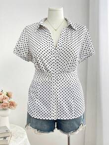 SHEIN CURVE+ Plus Size Polka Dot Short Sleeve Shirt With Button Down Collar - White - View 3
