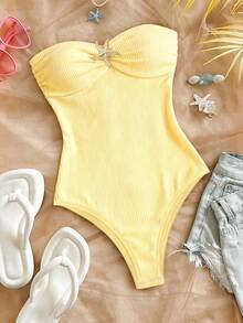 Franclia Plus Size Sexy Fitted Ruched Strapless Bodysuit With Metal Buckle - Yellow - View 3