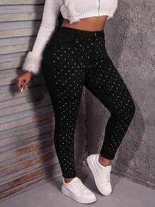 Slaydiva Plus Size Women's Rhinestone Embellished Casual Daily Wear Jeans - Black - View 4