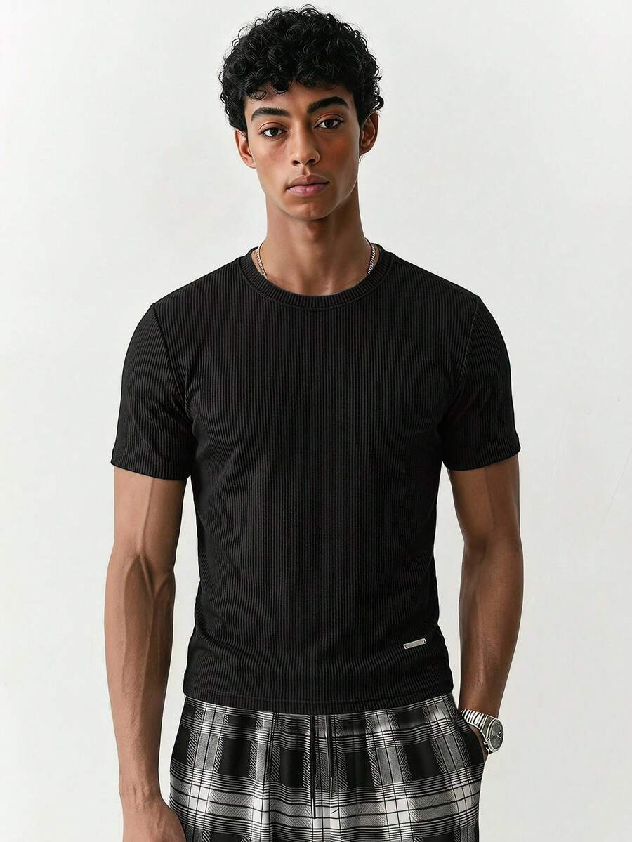 NORVETH Kaos Pria Lengan Pendek Slim Fit Kasual Musim Panas, Ukuran Standar, Abu-abu Muda, Polos - Hitam - View 1