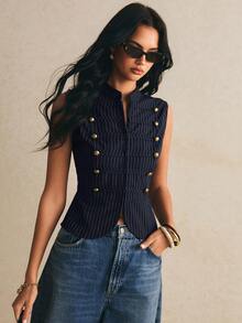 Poéselle Women's Striped Button Design Zipper Placket Vest Jacket - Navy Blue - View 6