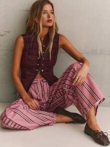 Nöista Balloon-Leg Denim Pants In Dusty Pink With Burgundy Stripes And High Waist. Fashionable Design For Casual Styling, Streetwear And Fall - Pink - View 5