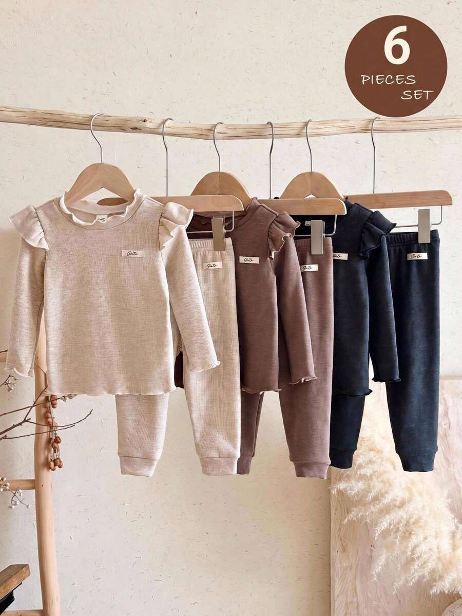SHEIN Baby Girl Knitted Solid Color Letter Patchwork Ruffle Hem Casual T-Shirt And Long Pants 6-Piece Set, Fleece Lined Brushed Thick Fabric, Suitable For Winter - Multicolor - View 1