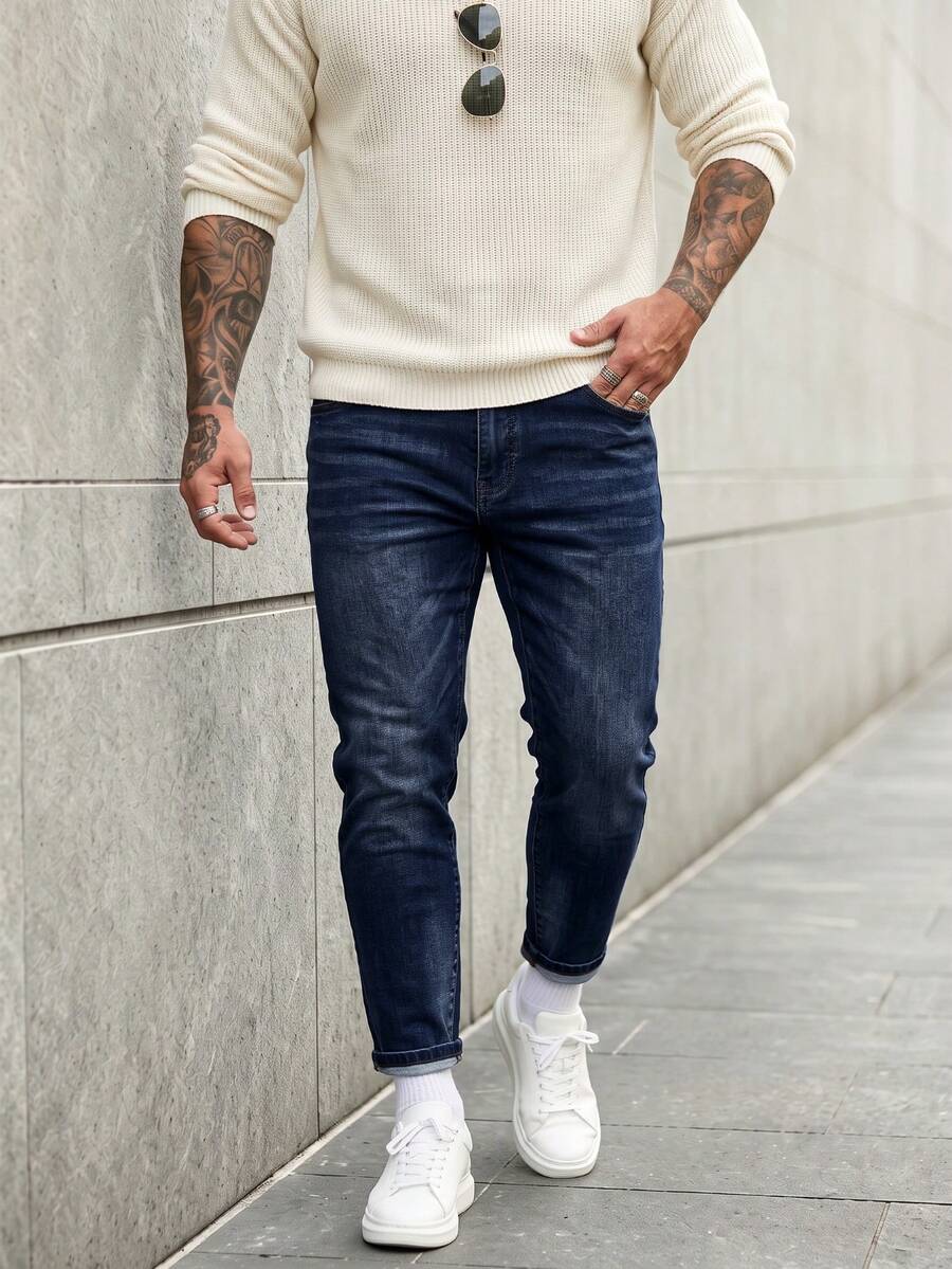 KRYTIVO Men's Plus Size Classic Dark Blue Slim Fit Retro Casual Versatile Stretchy Denim Jeans Modify Slender Legs - Blue - View 1