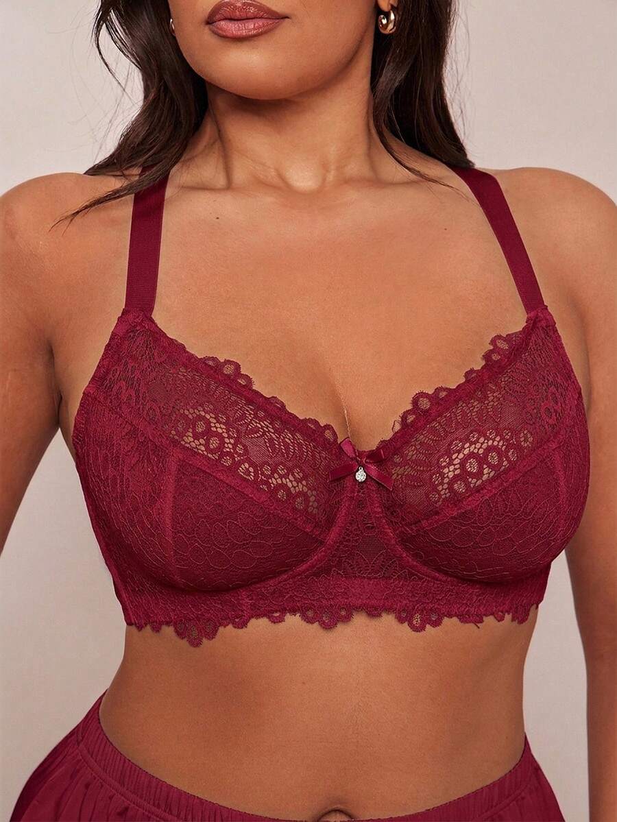 SHEIN BAE CURVE 聖誕蕾絲拼接大尺碼鋼圈內衣 - 酒紅色 - 查看 1
