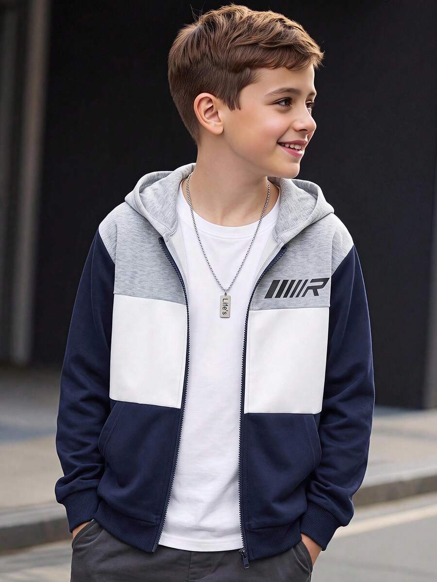 SHEIN Kids Tween Boy Casual College Patchwork Letter Pattern Hooded Jacket, Woven Thick Style, Suitable For School, Garden, Beach, Birthday, Spring, Summer, Autumn, Winter, Black, Brown