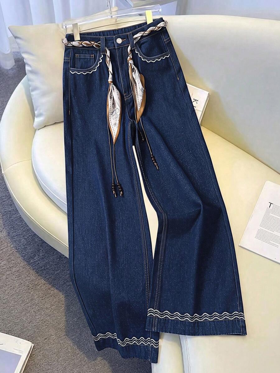 GlowEve 女款休閒刺繡寬腿牛仔褲