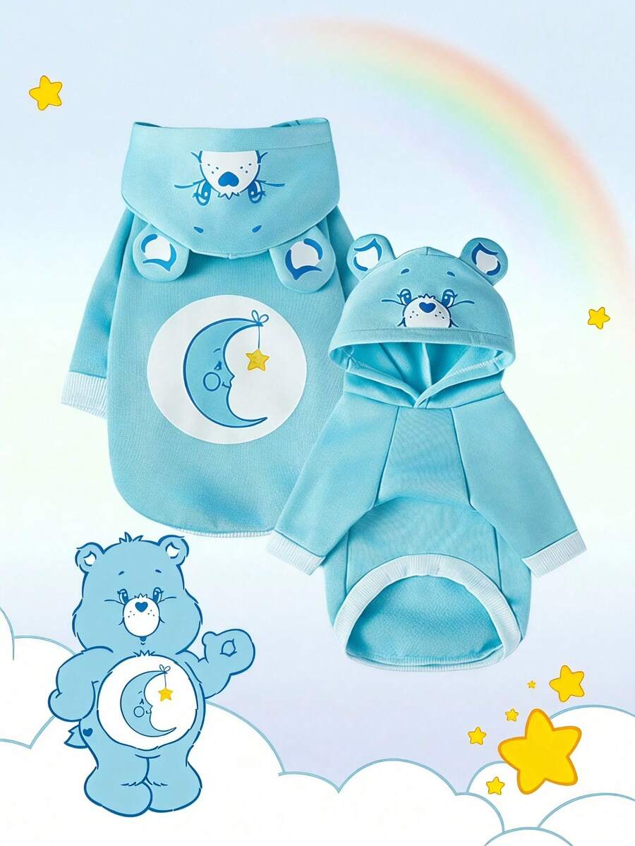 Care Bears X PETSIN 1件 睡前熊印花藍色可愛3D耳D型貓狗連帽衫,柔軟舒適,適合室內小睡或在鄰里輕鬆散步 - 藍色 - 查看 1