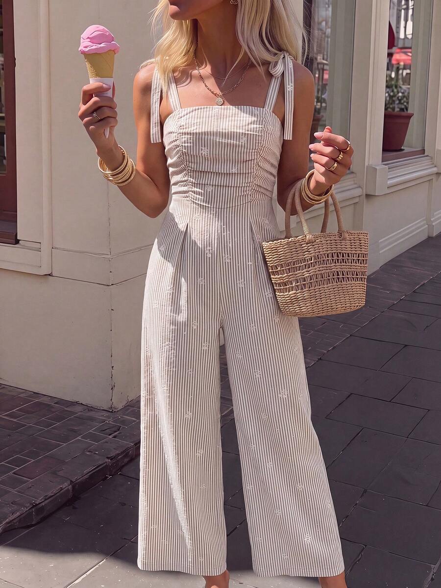 KARISMINA Women's Elegant Casual European Spring/Summer White Jumpsuit, Back Shirred Design With Inclusive Fit Party Vacation - Khaki - View 1