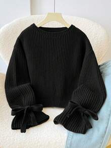 SHEIN 少女女孩純色圓領休閒日常長袖秋冬毛衣 - 黑色 - 查看 1