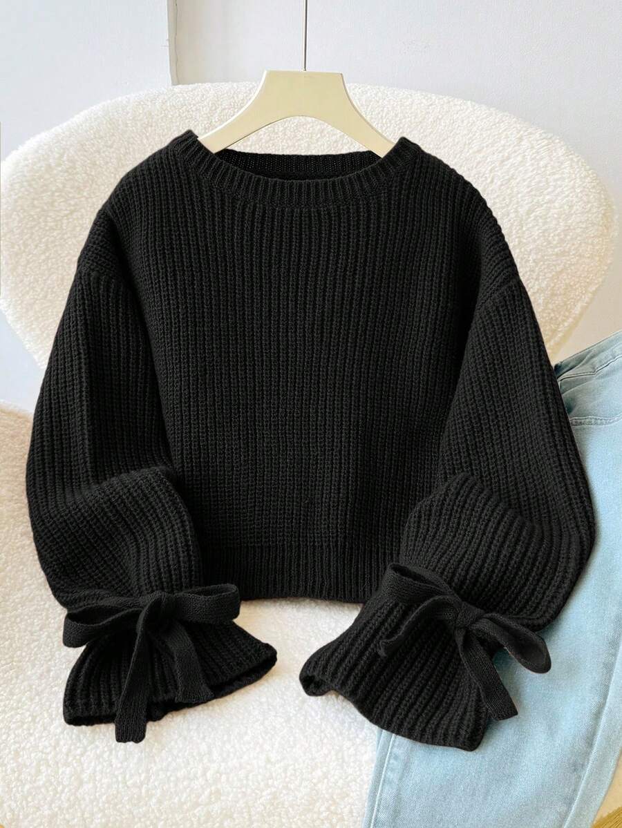 SHEIN 少女女孩純色圓領休閒日常長袖秋冬毛衣 - 黑色 - 查看 1
