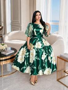 SHEIN Lady CURVE Plus Size Round Neck Raglan Petal Sleeve Summer Elegant Floral Print Dress Olive Green Birthday Evening Wedding Evening Evening Bride Vacation - Green - View 5