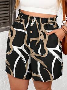 Comfylo Plus Size Women's Button Design Pocket Asymmetrical Striped Print Shorts - Multicolor - View 5