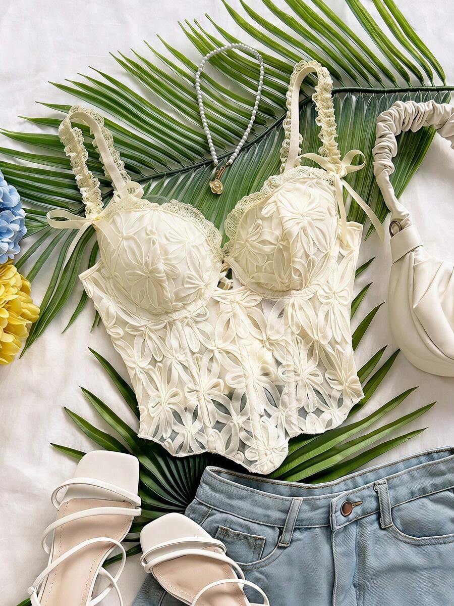 Soleia Romantic Elegant 3D Embroidered Fishbone Cami Strap - White - View 1