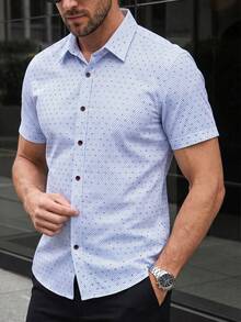 Manfinity Mode Men Argyle Print Button Up Shirt, Formal, Ceremony - Blue and White - View 3