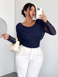Firerie Plus Size Women Solid Color Casual Versatile Daily Wear T-Shirt Fall - Navy Blue - View 2