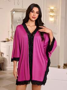 SHEIN 女款深V領蕾絲拼接性感日常居家睡衣套裝 - 玫紅色 - 查看 6