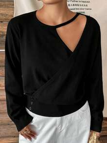 Dazy Plus Solid Color Asymmetric Neckline Hollow-Out Waist-Cinching Short Long Sleeve Black Autumn/Winter New Pullover Sweater - Black - View 5