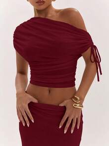 SHEIN BAE 夏季純色優雅性感不對稱網紗上衣搭配長款優雅裙 女款兩件套 夜店派對酒會酒紅色 - 酒紅色 - 查看 8