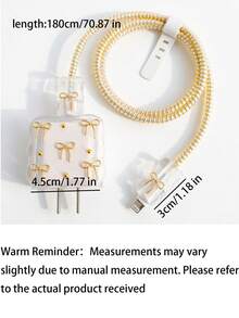 Set Pengisi Daya Mewah dengan Desain Pita Emas Mengkilap & Mutiara, Pengisi Daya 20W/18W, Pelindung Kabel Pengisi Daya, Penutup Kepala Pengisi Daya, Kompatibel dengan iPhone - Emas - View 7