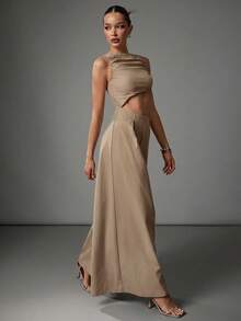 Hauture Sexy Casual Solid Boatneck Gathered Shirred Cut Out Waist Wide Leg Jumpsuit - Khaki - View 4