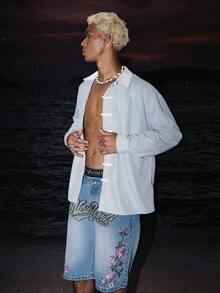 STEELVANCE 男士休閒中式盤扣對比色條紋襯衫 - 藍白色 - 查看 5