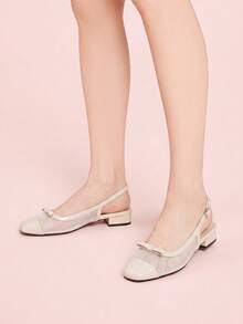 CUCCOO DOLLMOD Women's Exquisite Square Toe Beige Simple Commuter Workplace Wear Low Heel Thick Heel Shoes Exposed Heel Shoes - 網/白 - 查看 5