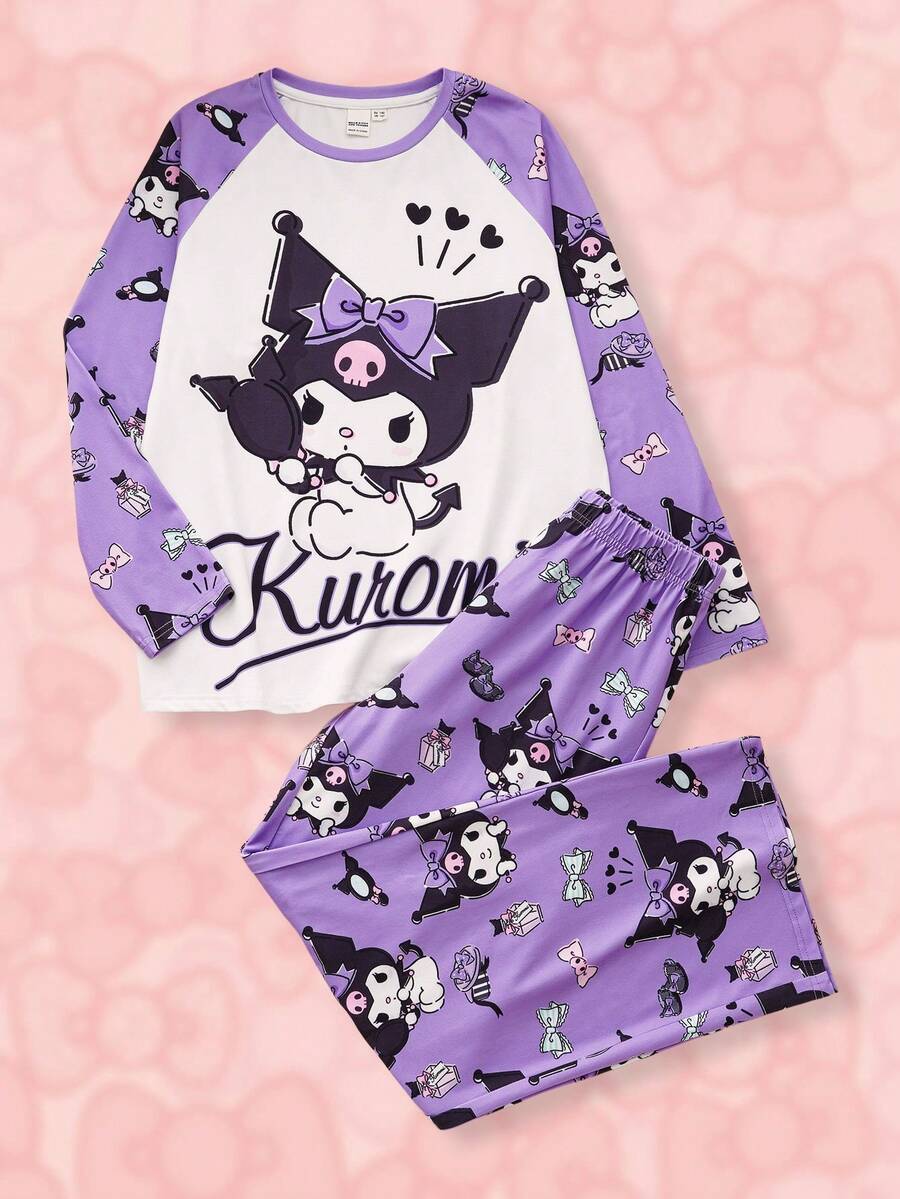 HELLO KITTY AND FRIENDS | SHEIN 2件組 青少年女孩可愛卡通圖案圓領插肩袖上衣與寬鬆長褲休閒睡衣套裝 紫色套裝 3件組 - 彩色 - 查看 1