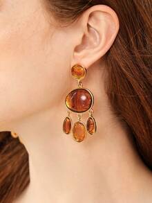 MOTF PREMIUM Retro Multi-Layer Gradient Tortoiseshell Amber Fringed Earrings, Multiple Oval Hemming Gold-Plated Long Banquet Earrings - Gold brown fringed earrings - View 7
